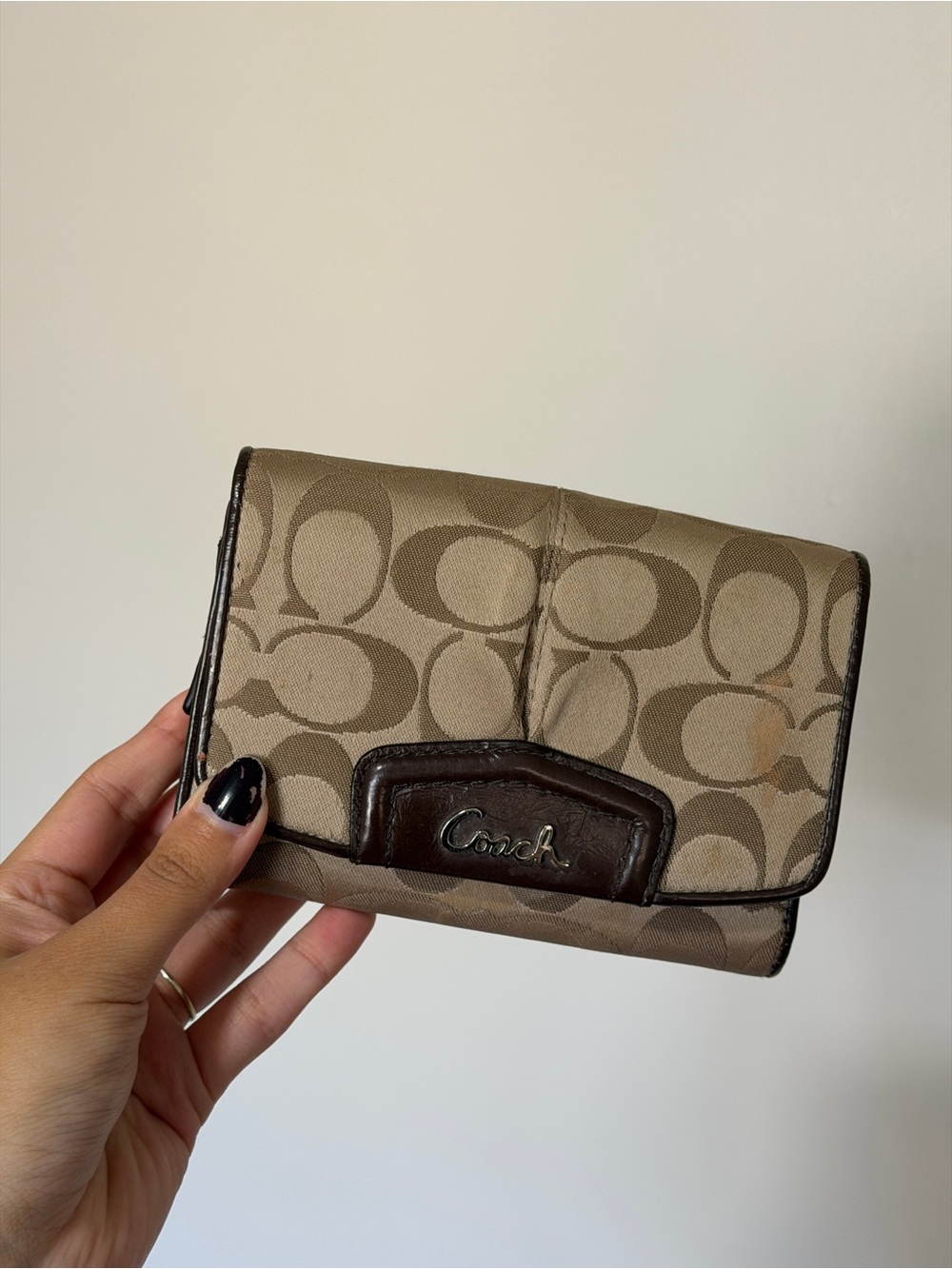 Coach Canvas Trifold Wallet in Khaki and Chestnut